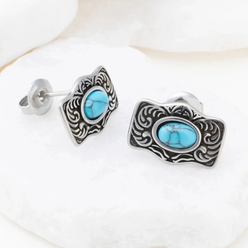 Stainless Steel Turquoise Stone Buckle Stud Earrings Nickel Free Trendy Bohemian